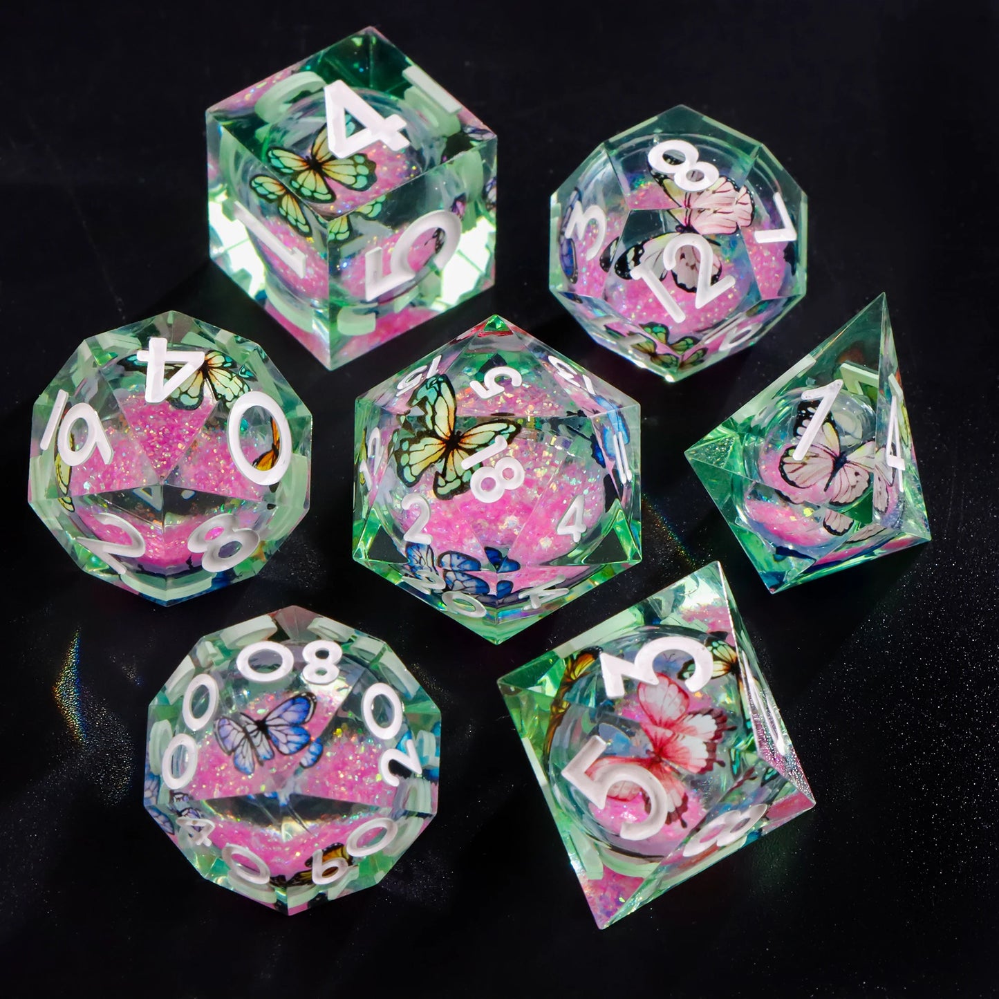 Liquid Core Resin Dice Set – D&D Dice with Cats, Butterflies, Spiders & More
