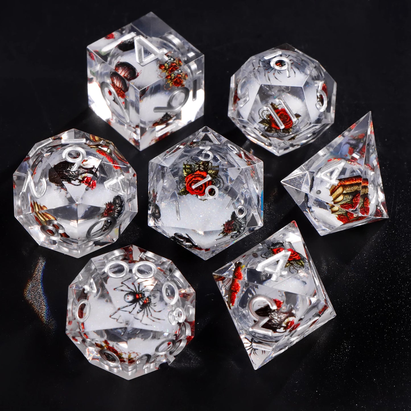 Liquid Core Resin Dice Set – D&D Dice with Cats, Butterflies, Spiders & More
